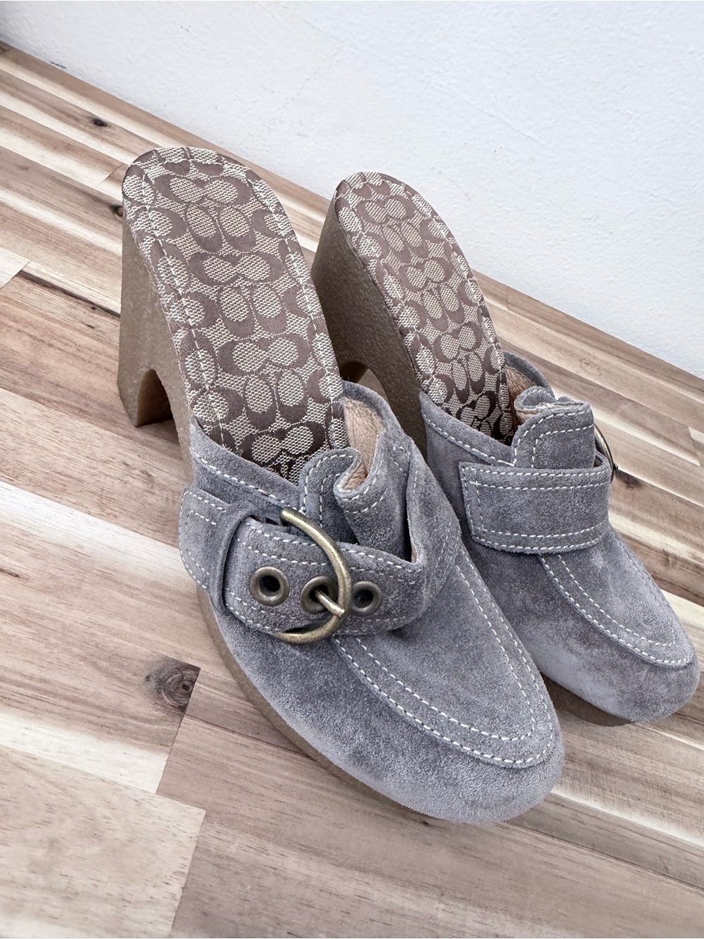 Born Taupe Suede Heeled Mules with Decorative Buckle